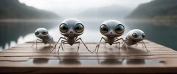 close up on dented glowing ghost transparent ant skeleton rat babies in fast boat with googly eyes, raised by ninja necromancer in the wild, on wooden bridge by lake in surreal reflecting stone chrome landscape, background motion blur, volume light fog, rays, 4d maze