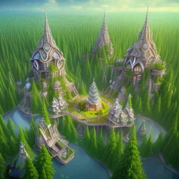 a city made from nature , big tree houses , green elf citizens, cute white elf singing on the middle of the city , from sky view ,4k , realistic