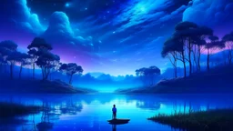 A surreal landscape where the swamp meets the sky. The horizon is blurred, with clouds that look like floating islands of moss and trees that seem to grow upside down. The sky is a gradient of blues and purples, with stars that twinkle like fireflies. In the foreground, a small boat drifts through a river of liquid silver, its occupant a faceless figure draped in a cloak of feathers. The mood is one of quiet contemplation, with a hint of otherworldly mystery.