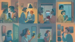 8 panels showing 8 different people in their house talking on the phone in a 12-step meeting