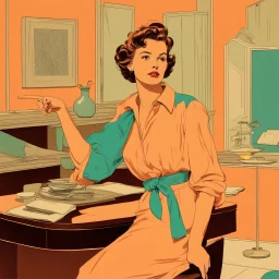 woman in messy blouse pointing to her neck, 1950s architecture interior house, art deco furniture visible. peach orange and cyan interior