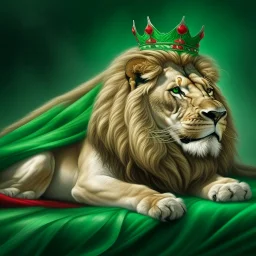 Create A hyper-realistic highly detailed, image of a majestic lion lying down, wearing a royal crown. The lion's fur should be rich and textured, with a regal and powerful presence. Behind the lion, the big flag of the Republic of Bulgaria(white, green,red) waves gracefully, its white, green, and red colors vivid and well-defined. The background should be an elegant, deep black, creating a striking contrast that enhances the grandeur of the lion and the flag. The lighting should be drama