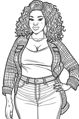 black curvy woman eyes front camera coloring page fashion style full body