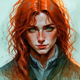 dnd, fantasy, watercolour, stylistic, portrait, illustration, dull colours, male, face, narrow face, weathered face, green eyes, determined, happy, red hair, very long hair streaming down the shoulders, radiating light, five o'clock shadow