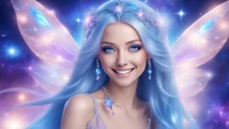 beautiful bright fairy cosmic women with cosmic long straight hair, crystal jewel and dressed with a magic crystal suit. she has light make up and a sweety smile.
