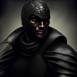 Human Warrior portrait with snake skin as part of the face and body, snake eyes, no armor
