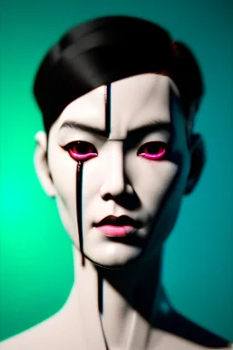 Portrait, thriller style, Asian cyborg woman, blade runner style :: symmetry photography, cyberpunk, pink hair, makeup, long line eye, light iris, :: latex coat, pink, white, black :: cinematic, Ultra realistic, dark scene, soft color, highly detailed, unreal engine 5, RTX, ultra detail, 3d, finely drawn, high definition.