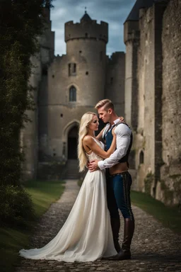 A photo realistic portrait of a stunning blonde girl and muscular danish man in a lovers embrace standing in front of a medieval castle