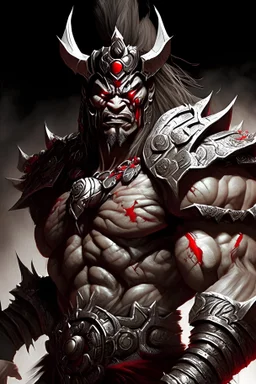 egendary, hyper-detailed concept art of Shao Kahn from Mortal Kombat by Yi Insang. The art should be in a cgsociety or sots art style and should show Shao Kahn in all his glory. He should be firing fire from his hand, and the art should be incredibly detailed, capturing every muscle and wrinkle on his body. The art should be a masterpiece of creativity and skill.