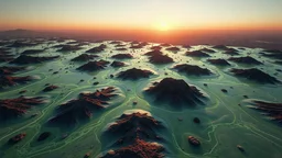 aerial view of a landscape covered in acid that looks futuristic with futuristic lighting, horizon, realistic rendering