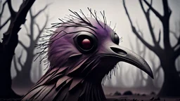close up weird crepy bird head, and far away Birds and trees in alternative surreal barren, dry, gloomy world, nightmare in abyss, deep vortex, black, gray, purple, brown, silver, dark red colors, surreal, weird dark fantasy, deep dark colors, sharp lines, crepy stunning, high detalied, weird, fog, shadows, realistic, surreal, highly detailed, melancholic thriller mood