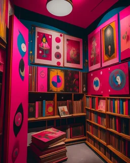 A magenta magical archives with fairytale books painted by Wassily Kandinsky