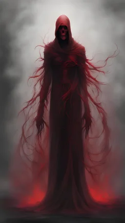 As this enigmatic figure commands attention, the background is shrouded in ominous wisps of mist that coil and writhe, casting an ethereal ambiance that amplifies the impending dread. In the palette of monochromatic dreams, minimalist strokes of crimson red pulse like veins of eerie life, a macabre heartbeat coursing through the very essence of the spectral reaper. 'Crimson Reckoning' invites you into a haunting dreamscape, where each crimson stroke is a note in the reaper's haunting symphony.