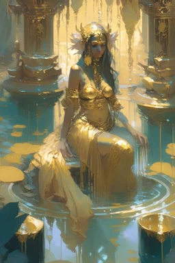fantasy painting, water priestess in an oasis having a bath, gold dress and veil, lots of jewels, nacre and gold, muted color palette, dark, andreas rocha style