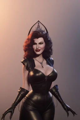 Rita Hayworth as evil queen in black leather, busty, cleavage, curvy, angry, stern look. character design by cory loftis, fenghua zhong, ryohei hase, ismail inceoglu and ruan jia. unreal engine 5, artistic lighting, highly detailed, photorealistic, fantasy