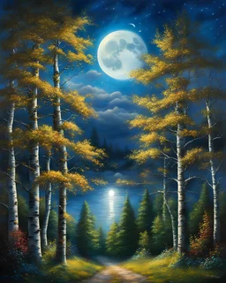 Birch trees art at night with moon, masterpiece, award winning photography, natural light, perfect composition, high detail, hyper realistic. Art by Thomas Kinkade, (composition centering, conceptual photography), centered image, full body length