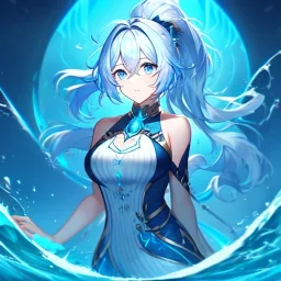 girl, masterpiece, best quality, volumetric lighting, dynamic pose, detailed outfit, perfect eyes, light blue hair, blue eyes, messy hair, hair in between the eyes, water magic, high ponytail,