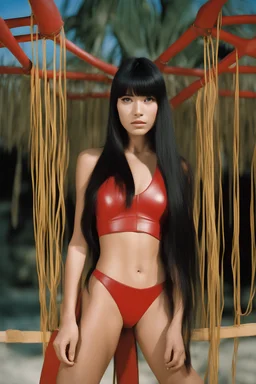 full color Portrait of 18-year-old Lenna Nimoy, with long, straight black hair, the bangs cut straight across the forehead, with a stacked body wearing a red leather string bikini - well-lit, UHD, 1080p, professional quality, 35mm photograph by Scott Kendall