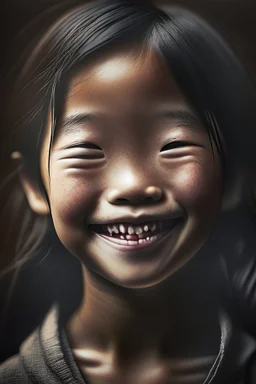 portrait of an asian girl 11 years old, smiling, cinematic photography, epic angle, dark colour tone, hyper-realistic