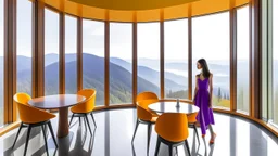 A woman with a purple dress standing in a modern room with large windows overlooking a mountainous landscape, a round table with orange chairs, and wooden stairs on the left.