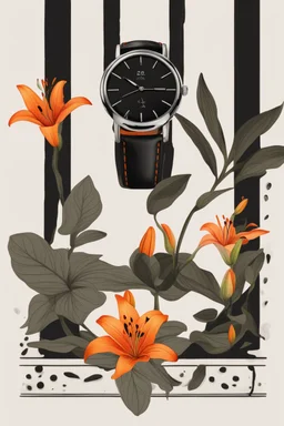 Black wristwatch with orange lily flower