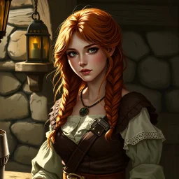 a beautiful tavern wench woman, young, ginger hair, medieval, fantasy art