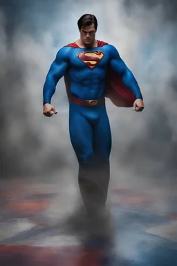 Superman, Christopher Reeve/Henry Cavill/David Corenswet Superman, extremely huge, overexaggerated muscles, posing and flexing in a front of the camera, random extreme action poses, an extremely colorful, multicolored foggy blue marble wall in the background with a colorful marble tile floor, multicolored lightning, realism engine,