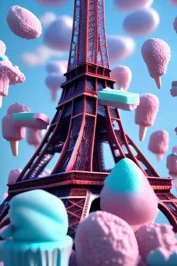 detailed Eiffel Tower made of chewing gum, cake frosting, cotton candy, ice cream, strong texture, extreme detail, octane render, intricate detail, 8K, trending on Artstation