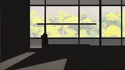 monochromatic japanese classroom with a shadowy figure looking out the window holding a transparent key emanating glow that colors the surroundings, anime