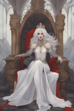 Beautiful white haired Vampire queen on her throne, drawing