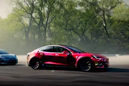 A Tesla 'Model Y' is racing at top speed, in 'Central Park' in New York City. (CINEMATIC, WIDE ANGLE LENS, PHOTO REAL)