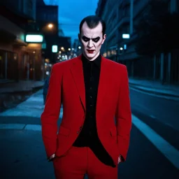 very grainy discolored photo, three quarters portrait, really up close, the face taking the whole shot, shot on a bad camera, empty night street, grunge, 2000s Russia, man in a nice red suit, extremely gaunt, haughty, perfect looking, striking features, face of a vampire, inhuman