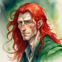 dnd, fantasy, watercolour, large strokes, stylistic, portrait, illustration, dull colours, male, face, narrow long face, weathered face, green eyes, determined, smiling, red hair, very long hair streaming down the shoulders, radiating light, five o'clock shadow