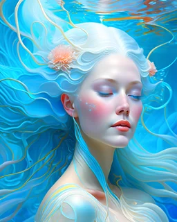portrait d'une femme à la peau translucide. Ses veines apparaissent sous sa peau. Ses cheveux bleu pâle flottent comme sous l'eau. Elle porte des ornements végétales.
