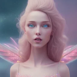 in front of a pink castle, a cheerful fairy, big smile, pink, blonde hair, beautiful, whole face, whole top hair head, wide open blue eyes, transparent wings onn the back, hyperrealism, masterpiece, expert, cinematic lighting, sharp focus, 8K, pastel, macro lens, woman, detailed, flower