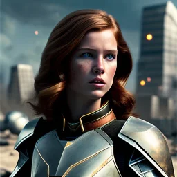 ultrarealistic, ruined city,__sci-fi armor__, __angles__, 18 year old woman, strikingly beautiful, ginger hair, _colour_, [__starlets__|__starlets__], (pale __skincolor__ skin:1.2), __camera__, _hair_, detailed face and eyes, medium breasts, leather choker, freckles, dynamic pose, resolved expression, __accessory__, strappy outfit, (straps:1.1), sword in scabard on left hip, (buckles, buttons, snaps, rings:1.0), haltertop style breastplate, detailed eyes, plump lips, sci-fi theme