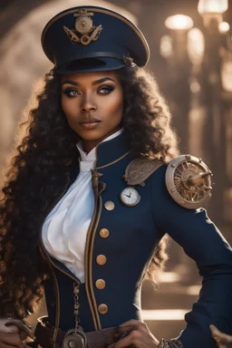 young mulatto sorceress witn snow white wavy hair, dressed as a steampunk naval officer