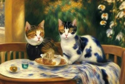 Two cats on a terrace. Auguste Renoir. Cat Perfect brown eyes with perfect iris.