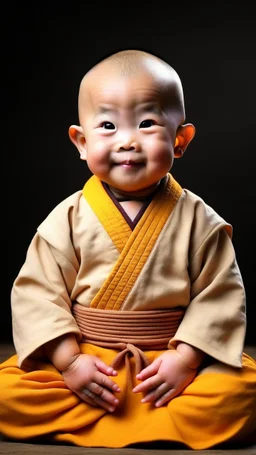 A 3-year-old monk boy with round cheeks, sitting, looking at the camera, light gray monk costume with white neckline, cute and cute, masterpiece, high quality, highly detailed.