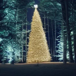  Giant christmas tree white and gold, whit many light in a forest at night