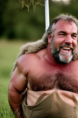 Close up photography, 35mm lens lens, a happy smiling muscular Sardinian shepherd burly chubby man 58 years old, lying down in the meadow near a little tree, ugly and dirty, bullneck, manly chest, in tank top and overalls, wild white beard, ambient occlusion, strong sunshine, emotive eyes, misery and poverty, side view