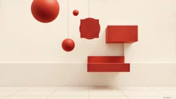Composición de sólidos geométricos suspendidos sobre un plano neutro, líneas lumínicas que atraviesan el espacio, retícula mínima que organiza masas y vacíos, paleta de rojos profundos y neutros metálicos, técnica de ilustración arquitectónica en gouache mate.