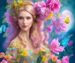 beautiful bright happy fairy portrait with long hair, thin face, two hands in a pink,blue, yellow flowers background,