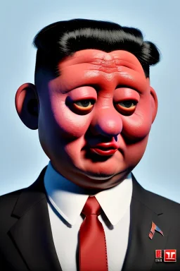 Waist up muppet Portrait, Kim Jong-un muppet doll, black suit, photo studio, red background, unreal engine 5, concept art, art station, god lights, ray tracing, RTX, lumen lighting, ultra detail, volumetric lighting, 3d.