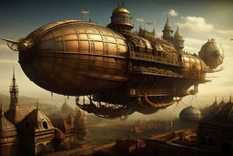 "Imperial airship" - a steampunk flying galleon, with golden filigrees, flying over a cyberpunk medieval village - ultra high quality, sharp focus, focused, high focus, very sharp, high definition, extremely detailed, hyperrealistic, intricate, fantastic view, very attractive, fantasy, imperial colors, colorful