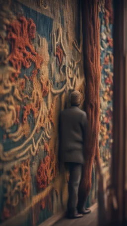 a desperate person woven into the tapestry wall, bokeh like f/0.8, tilt-shift lens 8k, high detail, smooth render, down-light, unreal engine, prize winning