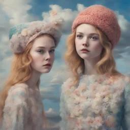 Surreal painting of elle fanning and lily cole, crochet hat, , the sky in the background