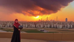 close young palestinian girl with a kuffeah. Large clouds of smoke rise from the land of gaza . With demolished buildings in the background. with sunset colors Made in the palestinian style