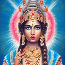 Indian goddess of love blue eyes pink background