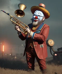 mechanoid old friendly fat clown with trimmed beard playing jazz with a steampunk theme, trumpet, realistic